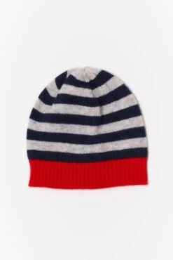 Baby Cashmere Beanie In Rouge, Navy Grey Stripe