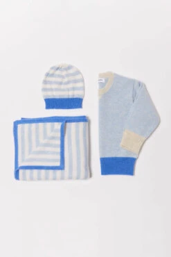 Baby Cashmere Blanket In Lagoon, Blue White Stripe -Deux Amies Shop alessandra accessory baby cashmere blanket in lagoon 31071370641462