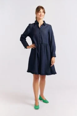 Willow Denim Dress In Indigo -Deux Amies Shop alessandra cashmere dresses willow denim dress in indigo 40438697263398