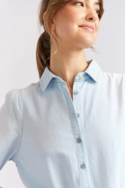 Willow Denim Dress In Pale Blue -Deux Amies Shop alessandra cashmere dresses willow denim dress in pale blue 40438704308518