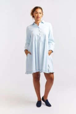 Willow Denim Dress In Pale Blue -Deux Amies Shop alessandra cashmere dresses willow denim dress in pale blue 40438707388710