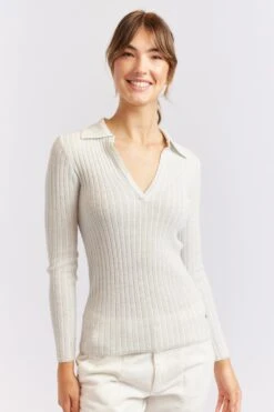 Luna Knit Top In Ivory Lurex -Deux Amies Shop alessandra cashmere shirts luna knit top in ivory lurex 40439799251238