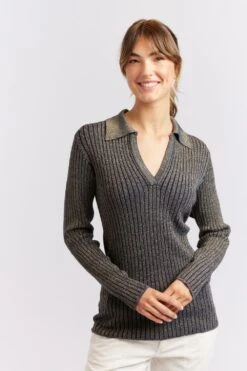 Luna Knit Top In Navy Lurex -Deux Amies Shop alessandra cashmere shirts luna knit top in navy lurex 40439812129062