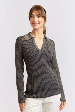 Luna Knit Top In Navy Lurex -Deux Amies Shop alessandra cashmere shirts luna knit top in navy lurex 40439812423974