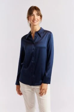 Primrose Silk Shirt In Navy -Deux Amies Shop alessandra cashmere shirts primrose silk shirt in navy 40461137576230