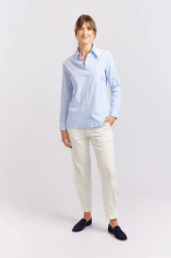 Primrose Stripe Poplin Shirt In Blue -Deux Amies Shop alessandra cashmere shirts primrose stripe poplin shirt in blue 40461341196582