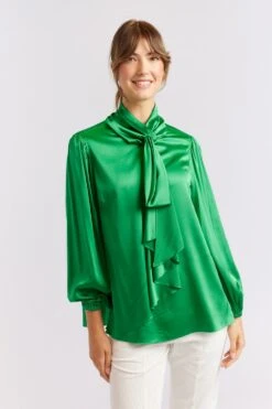 Pussy Bow Silk Shirt In Emerald -Deux Amies Shop alessandra cashmere shirts pussy bow silk shirt in emerald 40461181354278