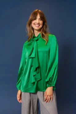 Pussy Bow Silk Shirt In Emerald -Deux Amies Shop alessandra cashmere shirts pussy bow silk shirt in emerald 40481629995302