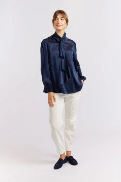 Pussy Bow Silk Shirt In Navy -Deux Amies Shop alessandra cashmere shirts pussy bow silk shirt in navy 40461193085222