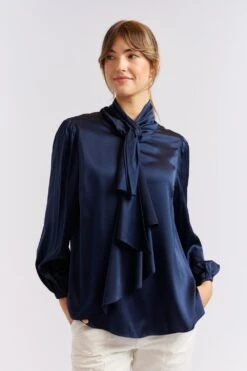 Deux Amies Shop -Deux Amies Shop alessandra cashmere shirts pussy bow silk shirt in navy 40461193117990