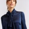 Pussy Bow Silk Shirt In Navy