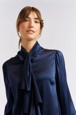 Pussy Bow Silk Shirt In Navy