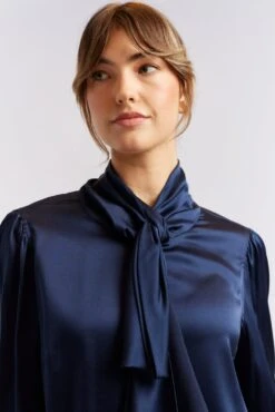 Pussy Bow Silk Shirt In Navy -Deux Amies Shop alessandra cashmere shirts pussy bow silk shirt in navy 40461193380134