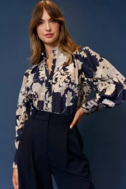 Deux Amies Shop -Deux Amies Shop alessandra cashmere shirts rosemary cotton silk shirt in navy aster 40481289994534