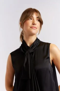 Deux Amies Shop -Deux Amies Shop alessandra cashmere shirts sleeveless pussy bow silk top in black 40461249184038