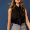 Sleeveless Pussy Bow Silk Top In Black
