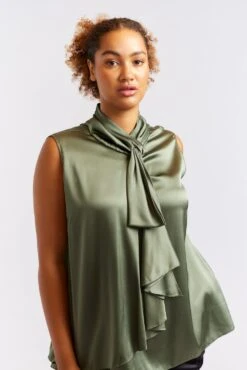 Sleeveless Pussy Bow Silk Top In Fern -Deux Amies Shop alessandra cashmere shirts sleeveless pussy bow silk top in fern 40461258490150