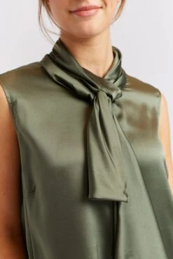 Sleeveless Pussy Bow Silk Top In Fern -Deux Amies Shop alessandra cashmere shirts sleeveless pussy bow silk top in fern 40461258981670