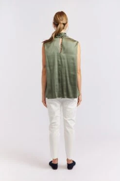 Sleeveless Pussy Bow Silk Top In Fern -Deux Amies Shop alessandra cashmere shirts sleeveless pussy bow silk top in fern 40461259145510
