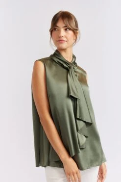 Sleeveless Pussy Bow Silk Top In Fern -Deux Amies Shop alessandra cashmere shirts sleeveless pussy bow silk top in fern 40461259276582