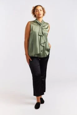 Sleeveless Pussy Bow Silk Top In Fern -Deux Amies Shop alessandra cashmere shirts sleeveless pussy bow silk top in fern 40461259637030