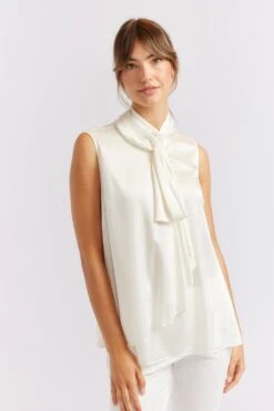 Sleeveless Pussy Bow Silk Top In Ivory -Deux Amies Shop alessandra cashmere shirts sleeveless pussy bow silk top in ivory 40461276053798