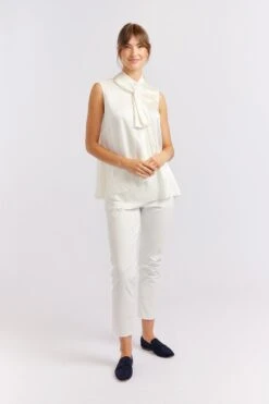Sleeveless Pussy Bow Silk Top In Ivory -Deux Amies Shop alessandra cashmere shirts sleeveless pussy bow silk top in ivory 40461276152102
