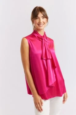 Sleeveless Pussy Bow Silk Top In Magenta