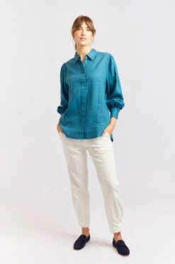Soho Linen Shirt In Kingfisher -Deux Amies Shop alessandra cashmere shirts soho linen shirt in kingfisher 40460746883366