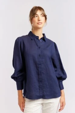 Soho Linen Shirt In Navy -Deux Amies Shop alessandra cashmere shirts soho linen shirt in navy 40460756156710