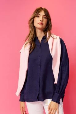 Soho Linen Shirt In Navy -Deux Amies Shop alessandra cashmere shirts soho linen shirt in navy 40481562034470