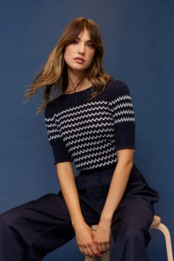 Chevy Cotton Knit Tee In Navy -Deux Amies Shop alessandra cashmere sweater chevy cotton knit tee in navy 40481502036262