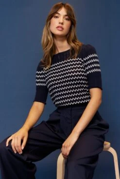 Chevy Cotton Knit Tee In Navy -Deux Amies Shop alessandra cashmere sweater chevy cotton knit tee in navy 40481502363942
