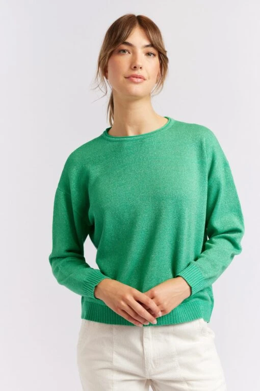 Hightide Sweater In Emerald Lurex -Deux Amies Shop alessandra cashmere sweater hightide sweater in emerald lurex 40439589601574