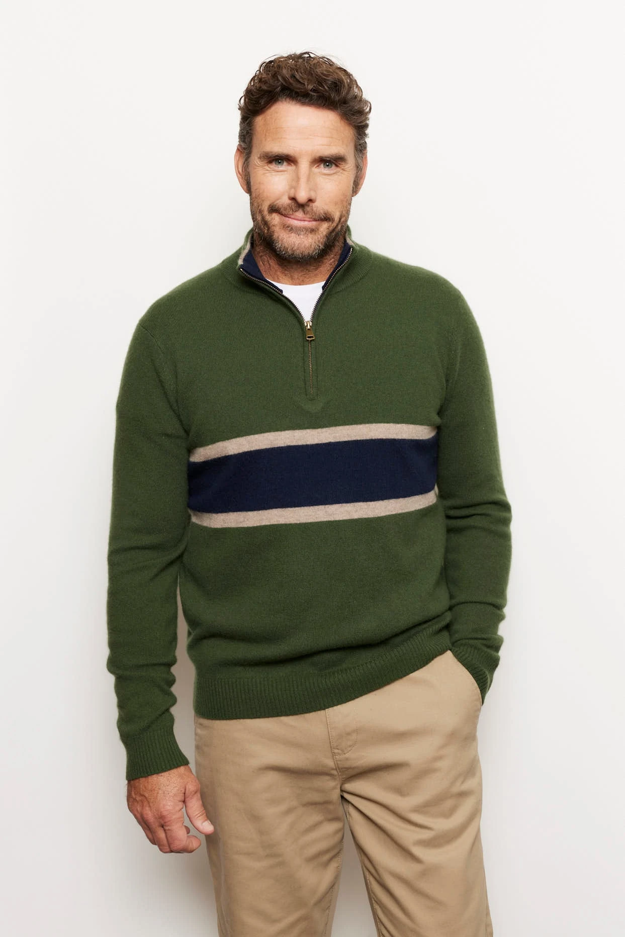 Ricky Stripe Cashmere Sweater In Bush 1 Ricky Stripe Cashmere Sweater In Bush