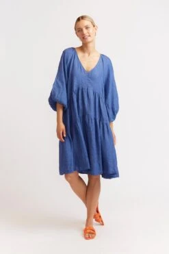 Baroque Linen Dress In Denim -Deux Amies Shop alessandra dresses baroque linen dress in denim 39872863830310