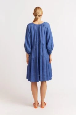 Baroque Linen Dress In Denim -Deux Amies Shop alessandra dresses baroque linen dress in denim 39872863895846