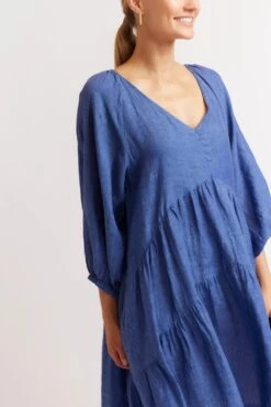 Baroque Linen Dress In Denim -Deux Amies Shop alessandra dresses baroque linen dress in denim 39872863994150
