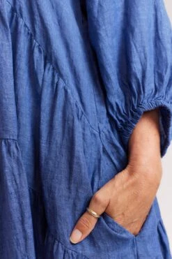 Baroque Linen Dress In Denim -Deux Amies Shop alessandra dresses baroque linen dress in denim 39872864026918