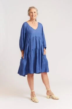 Baroque Linen Dress In Denim -Deux Amies Shop alessandra dresses baroque linen dress in denim 39872864190758