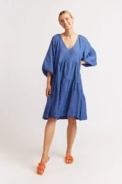 Baroque Linen Dress In Denim -Deux Amies Shop alessandra dresses baroque linen dress in denim 39872864289062