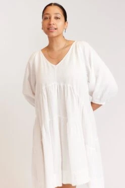 Baroque Linen Dress In White -Deux Amies Shop alessandra dresses baroque linen dress in white 39872867369254