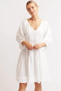 Baroque Linen Dress In White -Deux Amies Shop alessandra dresses baroque linen dress in white 39872867402022