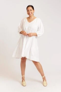 Baroque Linen Dress In White -Deux Amies Shop alessandra dresses baroque linen dress in white 39872868057382