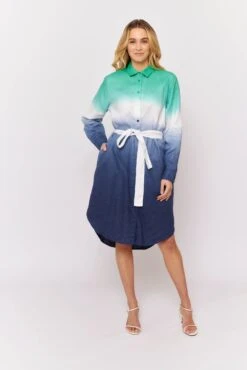 Shirtmaker Dress In Navy Dip Dye Linen