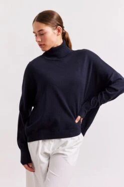 A Polo Bay Cotton Cashmere Sweater In Neat Navy -Deux Amies Shop alessandra sweater a polo bay cotton cashmere sweater in neat navy 41311988744486